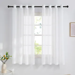 NICETOWN Voile Gardinen Kurz mit Ösen H 125 x B 140 cm Weiße Vorhänge Transparent Ösenvorhang 2er Set Deko Leinenoptik Vorhang Durchsichtig Scheibengardinen Küche