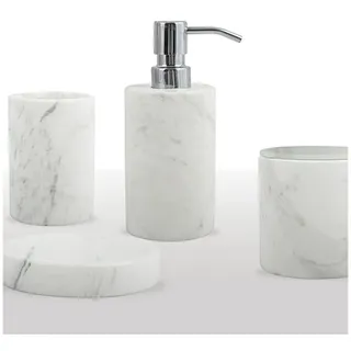 spirella Badaccessoires-Sets SANA, Komplett-Set, 4 tlg., 4-tlg., exklusives Premium-Set, 4-tlg., bestehend aus Seifenspender, Kosmetikdose, Zahnputzbecher, Seifenschale, echter Marmor, schwere Qualität, klassisches Design weiß