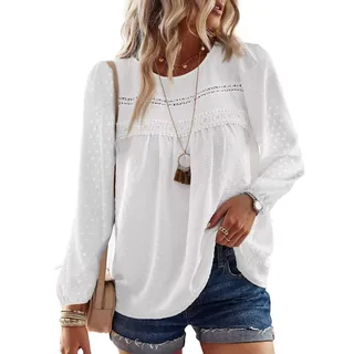 TUUHAW Langarmshirt Damen Boho Herbst Bluse Top Oberteile Fließend Spitze Süß Elegant Rundhals Longsleeve T Shirt Frühling Lässig Outfits Kleidung Winter Longshirt Weiß XL - XL