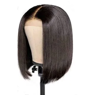 TBEONE Perücke mit Spitzenverschluss, kurz, glatt, Bob-Perücke, natürliches Schwarz, brasilianisches Echthaar, Mittelteil vorne, Perücke aus Echthaar, natürlich aussehendes Haar (Perücke + Haarnetz)