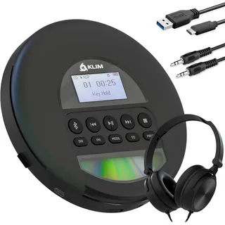 KLIM Nomad tragbarer CD-Player (Bluetooth, Discman mit On-Ear Kopfhörer, Ideal für Autos, MP3) schwarz