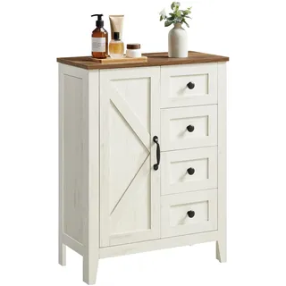 VASAGLE LIRY Kollektion - Aufbewahrungsschrank, Badezimmerschrank im Landhausstil, mit 4 Schubladen, Tür, freistehender Schrank, verstellbare Ablagen, vintageweiß BBK753W01