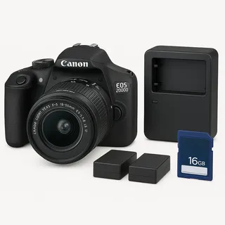 Canon EOS 2000D DSLR Kit 18-55mm IS II + Zubehörpaket: 2 Akkus, Doppellader, 16G