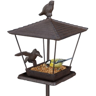 Relaxdays Vogelfutterhaus mit Erdspieß, Gusseisen, Futterstelle für Wildvögel, HBT: 115 x 15 x 16 cm, Vogelhaus, braun