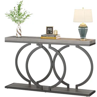 LITTLE TREE 140 cm Konsolentisch aus Kunstmarmor in Gold Moderner Flurtisch Schmaler Langer Sofatisch Beistelltisch für das Wohnzimmer, grau + schwarz