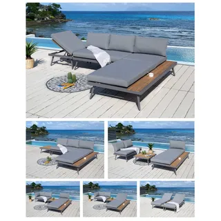 ALEOS. Gartenlounge aus Aluminium mit Massiv Holz Multifunktionslounge Lounge-Set Loungegarnitur Sitzgruppe Doppelliege Sofagarnitur Barbados grau anthrazit Spunpoly Kissen