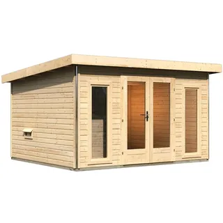 Karibu Saunahaus Mainburg 2 mit Vorraum - 38 mmnaturbelassen Set A (Sauna B 2 x T 1,7 m mit 2 Liegen 57 cm) Ohne Ofen