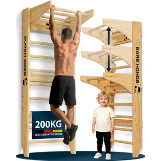 Bare Hands 3in1 Sprossenwand mit Klimmzugstange & Dipstange - Sprossenwand für Erwachsene & Kinder - Extrem Robuste Kletterwand bis 200 kg - Sprossenwand kinderzimmer