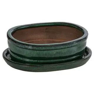 Dehner Keramik-Bonsaischale, oval, ca. B15/H4,5/T12 cm, Dunkelgrün