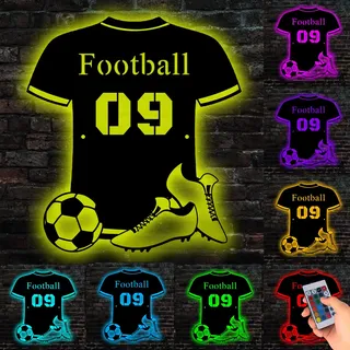 Personalisiertes Fußballspieler Metallschild mit LED Licht, Personalisiert Mit Name Zimmer Beleuchtung Wand Lampe, individueller Name und Nummer, Zimmer Deko, Weihnachten, Geburtstag
