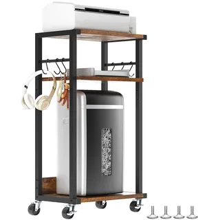 YMYNY Mobiler Druckertisch, Druckerwagen, 3 Ablagen, Höhenverstellbar Druckerständer mit Rollen, 6 Haken, für Büro, Fax, Kopierer, Scanner, Zerkleinerer 44×30×82CM Rustikales Braun HPT002H