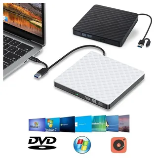 PRIISF Externes CD DVD Laufwerk, Ultra dünn USB 3.0 & USB-C Laufwerk Extern Disc-Laufwerk (Tragbar Externer DVD CD+/-RW Brenner Writer Reader Player, DVD 8x/CD 24x, Kompatibel für alle Laptop Desktop mit Mac/OS/Linux/Win11/Win10/XP) weiß