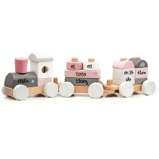 KIDSLINO Holz Eisenbahn rosa - personalisierbar I Geschenk zur Geburt Mädchen I Handmade Holzspielzeug mit Steckformen I Personalisierte Geschenke Baby I Holzzug mit Name & Geburtsdaten