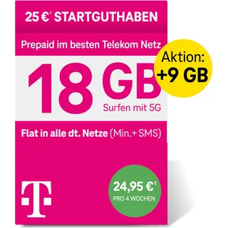 Deutsche Telekom MagentaMobil Prepaid XL SIM-Karte ohne Vertragsbindung,5G inkl.I18 GB & Allnet Flat (Min, SMS) in alle dt.Netze+EU-Roaming ISurfen mit 5G/LTE Max& Hotspot Flat I25 EUR Startguthaben