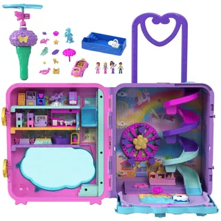 Polly Pocket Pollyville Urlaub im Rollkoffer - 4 Puppen, 1 Fahrzeug, 25+ Zubehörteile, Strand, Promenade, dreistöckiges Hotel mit Helikopter, für Kinder ab 4 Jahren, HKV43