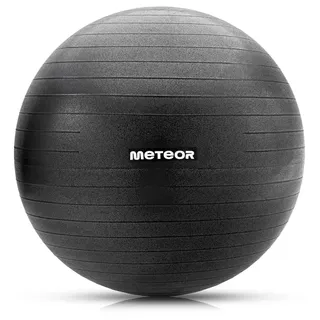 Meteor Gymnastikball 75 cm Schwarz, Anti-Burst Fitnessball belastbar bis 200kg, Sitzball inkl. Fußpumpe, Pilates, Rehabilitation & Büro-Stuhlersatz - Schwarz