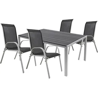 Mojawo 5tlg Gartenmöbel Set Alu silber Non-Wood 180x90cm + 4 Stapelstühlen