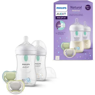Philips Natural Response Geschenkset für Babys: 2x Natural Response Flaschen mit AirFree Ventil 260 ml (ab 1 Monat), 2x Ultra air Schnuller (0-6M) (Modell SCD657/12)