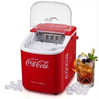 Salco Coca-Cola Retro Eiswürfelmaschine – Schneller Eiswürfelbereiter für Party,Camping & Home,9 Würfel in 7-11 Min,Mobiler Eismacher mit Tragebügel,10k/24h, Inkl.Schaufel & Korb, Rot (Ink. Adapter)