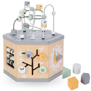 mamabrum Motorikwürfel 7-in-1 Baby Spielzeug ab 1 Jahr - Aktivitätswürfel mit Motorikschleife, Abakus, Uhr - Montessori Lernspielzeug aus Holz (27,8 x 29,7 x 34,5 cm)