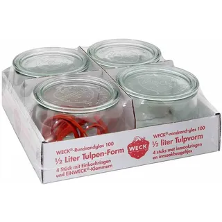 Weck Tulpenform-Glas 500 ml 4 St. mit 100 mm Glasdeckel + Silikondichtung + Klammern