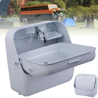 An der Wand montiertes Klappwaschbecken mit Abdeckung, Marine-Waschbecken aus Edelstahl mit Klapphahn, Waschbecken-Einbauspüle für Wohnmobil, Boot, Küche,White