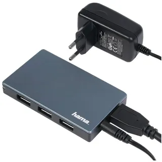 Hama 4 Ports mit Netzteil (4x USB-A, Super-Speed Datenübertragung mit bis zu 5 Gbps, Schnellladen bis zu 1,5A, USB 3.0 Hub 00200115