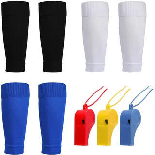 MEMOFYND 3 Paar Fußballsocken Und 3 Stück Pfeifen, Kinder-Beinstulpen, Fußballsocken-ärmel, Beinstulpen Für Anfänger Im Fußball-Laufen Oder -Training (Schwarz/Blau/Weiß) - 3