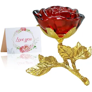 Rote Kristall Rose Figur mit Golden Stiel,3D Glasrose Geschenk für Sie,K9 Kristallrose mit Wunschkarte,Ewige Blume für Frauen zum Geburtstag, Muttertag, Hochzeit, Jahrestag, Valentinstag, Weihnachten