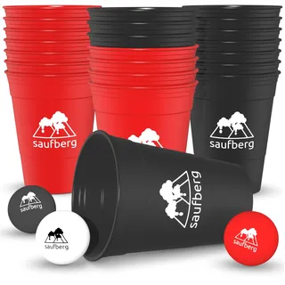 saufberg Beerpong Set - 22 Mehrweg Hartplastik Bierpong Becher | Festival | Geburtstag | Spülmaschinenfest | Red Cups extrem stabil | inkl. Bälle und Cupsocke | Rot/Schwarz