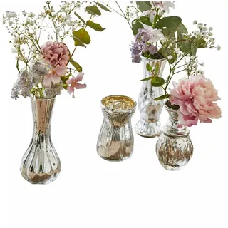 Loberon Deko-Vase 4er Set Maelie, mundgeblasen, Vier reizende Designs, nostalgischer Bauernsilber-Stil, Vintage-Flair, Dekoration, Wohn-Accessoires, Glas, antiksilber