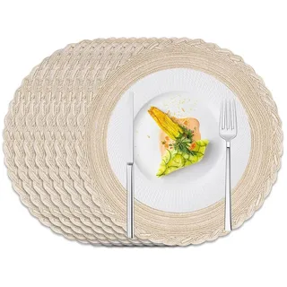 TUWENA Platzset 6er Set Boho Tischset Rund Geflochten, Platzdeckchen Abwaschbar, 38cm weiß