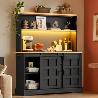 REDOM Sideboard 150×120 cm Küchen-Bar-Schrank mit LED Sideboard Design (Packung, 1 St., Sideboard Möbel mit 4 Schubladen im Scheunenstil Aufbau), Küchenschrank mit Steckdose und integriertem Weinregal schwarz