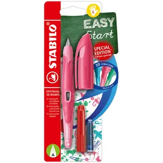 STABILO - Schulfüller ergonomisch für Linkshänder mit Anfänger-Feder A - EASYbirdy 3D Wildlife Special Edition in rosa - inkl. Patrone und Einstellwerkzeug