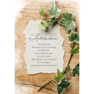 KE - Hochwertige Trauer-Karte mit Umschlag, Beileids-Botschaft, Anteilnahme-Karte, DIN B6 Klapp-Karte für Beerdigungen, Gruß-Karte - Motiv: Efeu