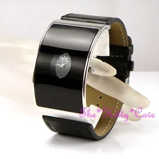 Retro Schwarz Glas Gebogenes Designer Eames Wag Breiter Statement Leder Uhr