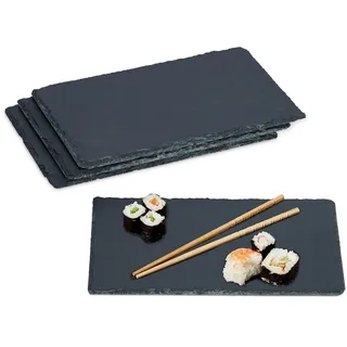 Relaxdays Schieferplatte, 4er Set, rechteckige Servierplatte, 26 x 16 cm, für Käse, Sushi, Desserts, Buffet, anthrazit