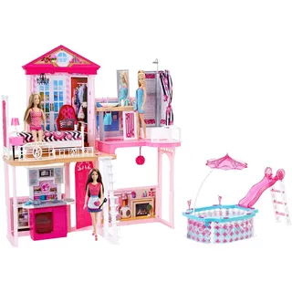 Barbie FCK15 - Haus Möbel und Pool Geschenkset inklusiv 3 Puppen