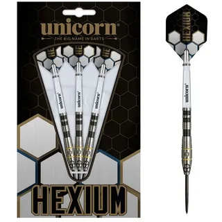 Unicorn Information System Unicorn Hexium Style 1 | 90% Tungsten Black Bomb/Spring Onion Front-Loaded Barrels with Gold Rings | Steel Tip Darts Set | Durable Stunning Ultrafly Flights | Noir Black Volute Points | 24g