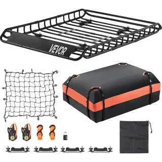 Vevor Dachgepäckträgerkorb Autodachkorb (1300 x 910 x 105 mm) universeller Dachgepäckträger mit Gepäcktasche & Netz & Ratschengurten (90,7 kg Max Tragkraft), Autodach-Gepäckträger für SUV LKW