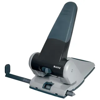 Leitz Extrastarker Registraturlocher aus Metall, Für 65 Blatt, Großer Locher für das Büro, Anschlagschiene mit Formatangaben, Ergonomisches Design, schwarz, 51800095