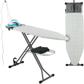 Relaxdays Bügelbrett 115 x 39 cm, höhenverstellbar, klappbar, Bügelstation & Ablage, weiß/silber