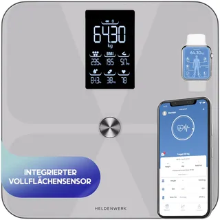 HELDENWERK Personenwaage Körperfettwaage, Waage Personen mit App & Vollflächensensor 180 kg/400 lbs, Körperwaage Digital, Bluetooth Körperanalysewaage für Körperfett, BMI, Muskelmasse, Protein, BMR