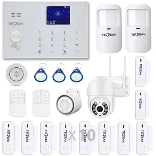 GSM/WLAN Alarmanlagen Komplettsystem mit Überwachungskameras, TECPEAK Alarmanlage Haus, Haussicherheits Set inkl Außenkamera 1080P
