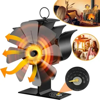Kaminventilator, Ofenventilator Ohne Strom mit 8 Flügel, Kaminofen Ventilator für Holzofen, Warmluftverteiler - Schwarz