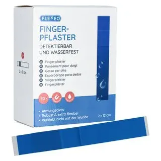 Flexeo Pflaster Fingerpflaster, 50 Strips, wasserfest, detektierbar, elastisch, 12 x 2cm