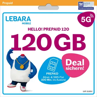 LEBARA Prepaid SIM-Karte mit Hello! 120 Prepaid Tarif ohne Vertrag | 120 GB Datenvolumen inkl. 5G | Allnet Flat | 500 Minuten ins Ausland