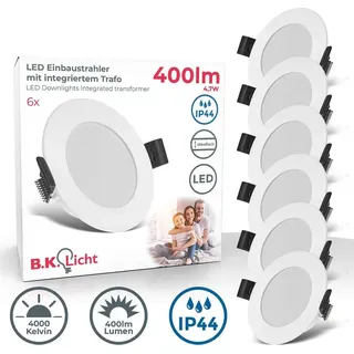 B.K.Licht Einbaustrahler 68mm 6er Set - 230V, 4W, 346lm, led, IP44, neutralweiß, weiß