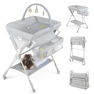 COSTWAY Wickeltisch Klappbar mit Spielbogen, Wickelkommode 3-stufig höhenverstellbar, Wickelkombi mit Wickelauflage, Aufbewahrungstasche & Rollen, Changing Table, Wickelstation tragbar für Baby