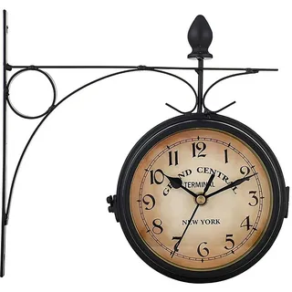Bahnhofsuhr Doppelseitig, Bahnhofsuhr Wetterfest, Retro Zweiseitige Wanduhr Schwarz, Retro Wanduhr mit Halterung, Dekorative, Outdoor Retoo - Schwarz